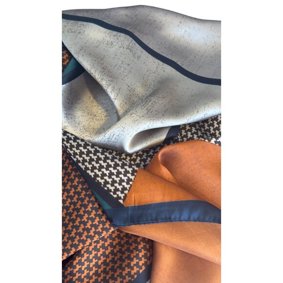 NEW Colorful Abstract Silky Fashion Scarf Burnt Orange Emerald Green & Beige - Picture 5 of 11